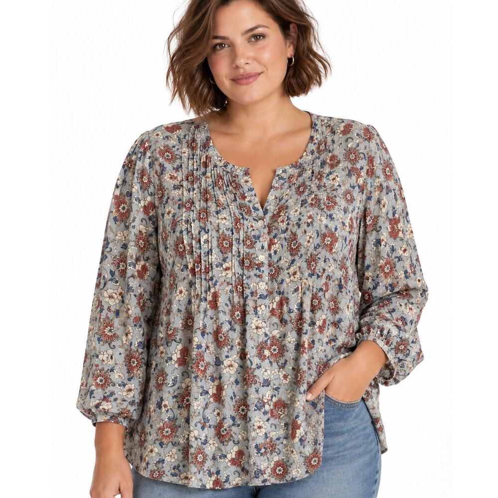 Lands End Floral Pintucked Top Womens Size 2X Light Blue Cotton Button Blouse